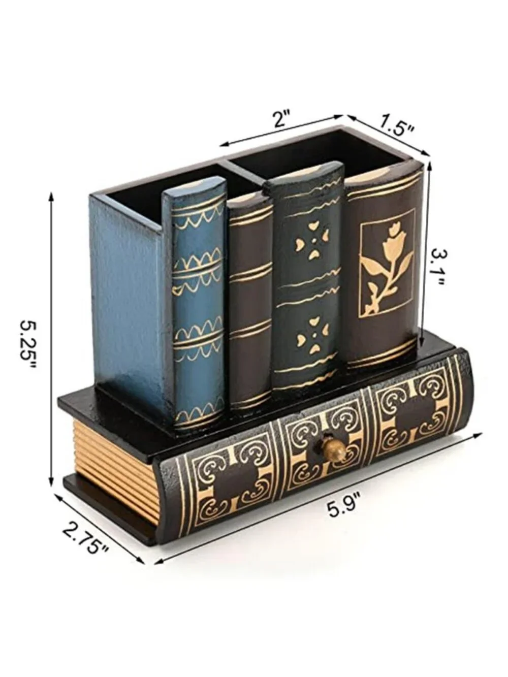 Decorative Pen Holder with Storage Drawer, Wooden Pencil Holder
